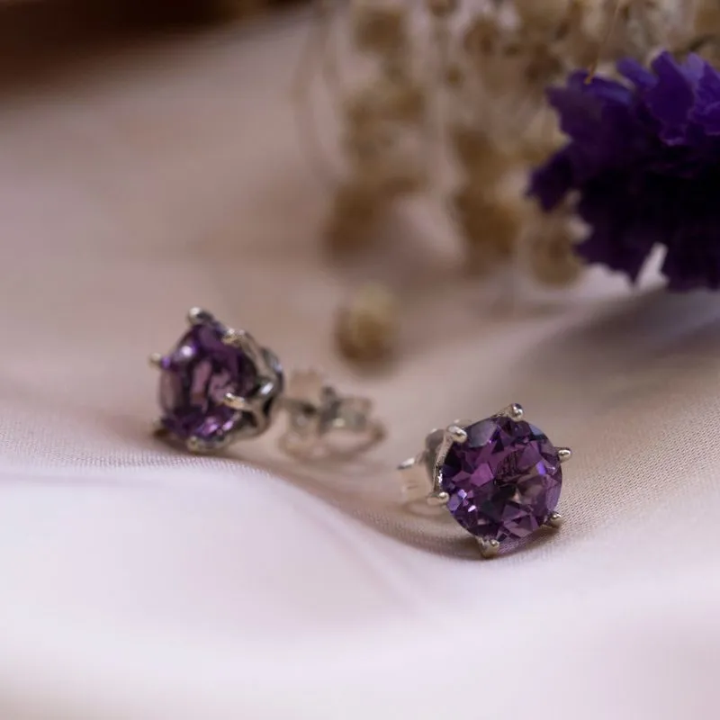 925 Silver Amethyst Studs - 7mm, Handmade, Dainty Gift