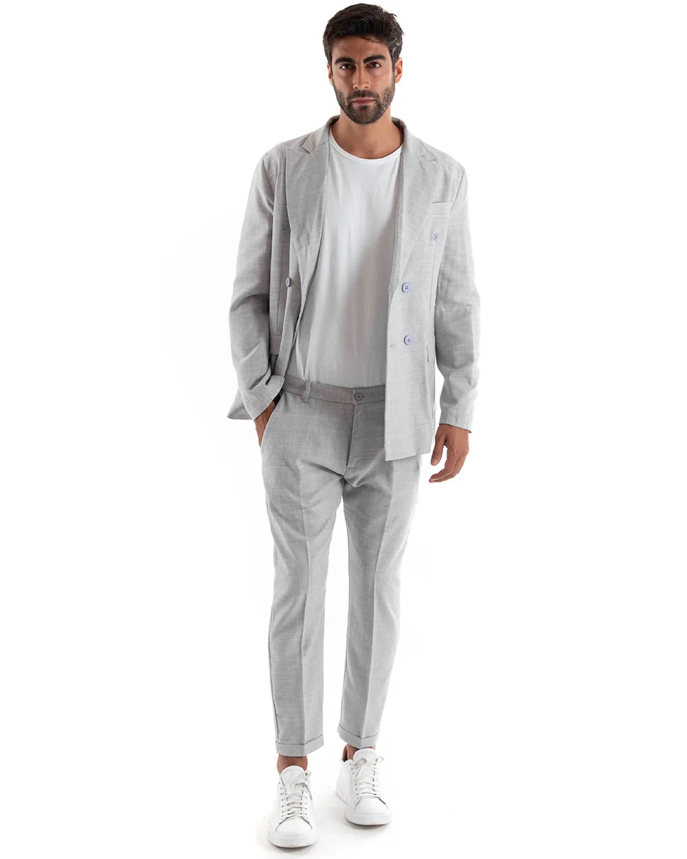 Abito Uomo Doppiopetto Completo Viscosa Sartoriale Giacca Pantaloni Grigio Chiaro Melangiato Elegante Casual GIOSAL-OU2138A