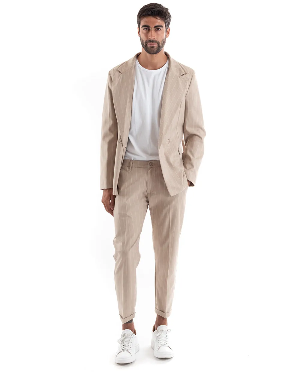 Abito Uomo Doppiopetto Vestito Viscosa Completo Giacca Pantaloni Beige Elegante Cerimonia GIOSAL-OU2152A