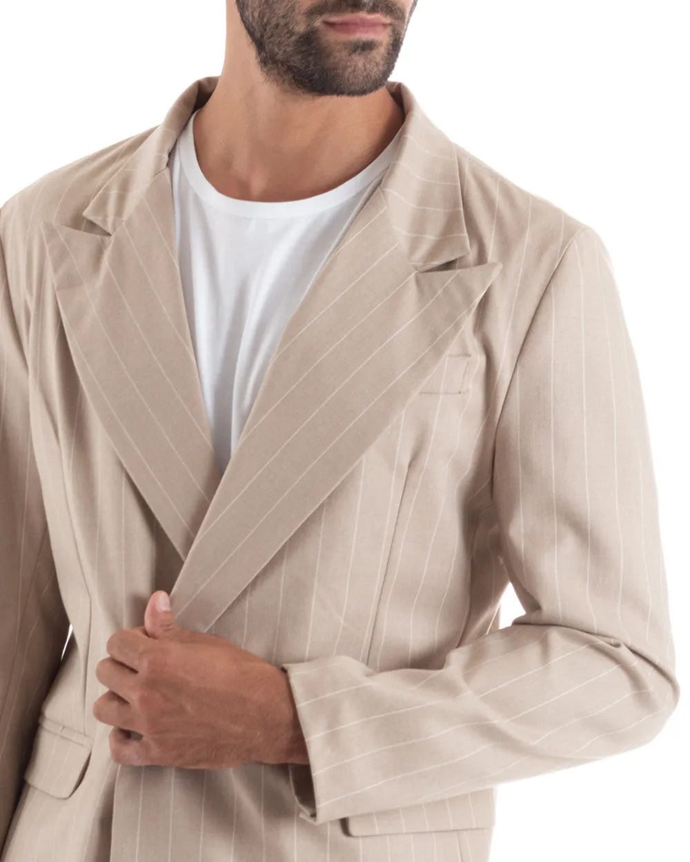 Abito Uomo Doppiopetto Vestito Viscosa Completo Giacca Pantaloni Beige Elegante Cerimonia GIOSAL-OU2152A