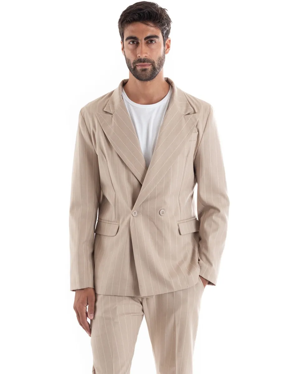 Abito Uomo Doppiopetto Vestito Viscosa Completo Giacca Pantaloni Beige Elegante Cerimonia GIOSAL-OU2152A