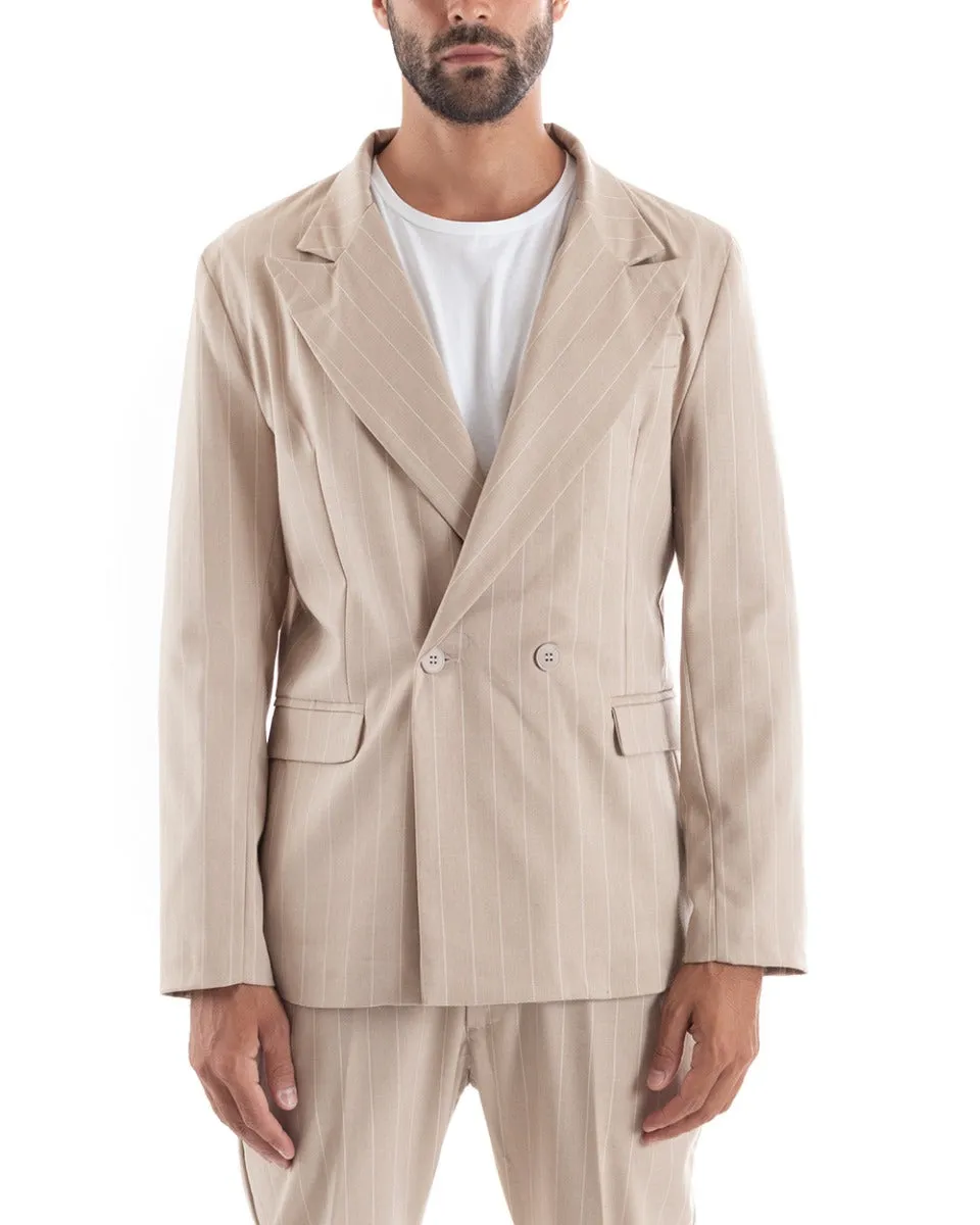 Abito Uomo Doppiopetto Vestito Viscosa Completo Giacca Pantaloni Beige Elegante Cerimonia GIOSAL-OU2152A