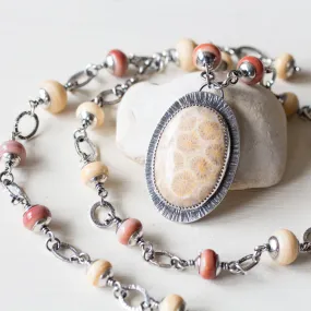 Agatized Fossil Coral Necklace, Pastel Floral Pattern Stone in Silver Bezel