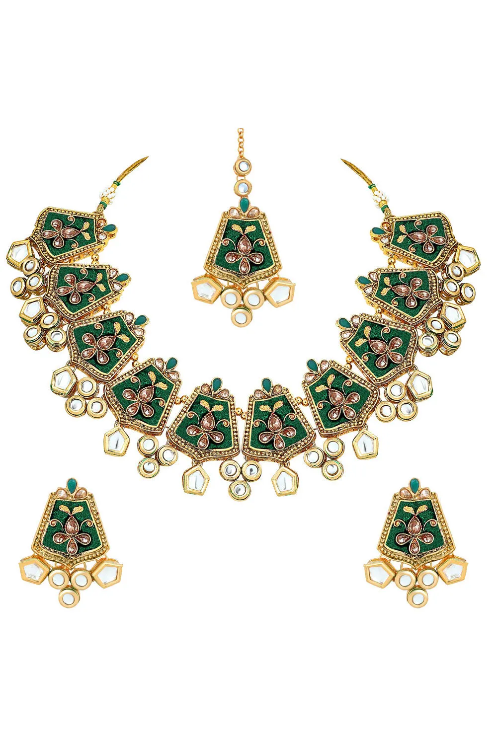 Alloy Necklace with Earrings and Maang Tikka in green