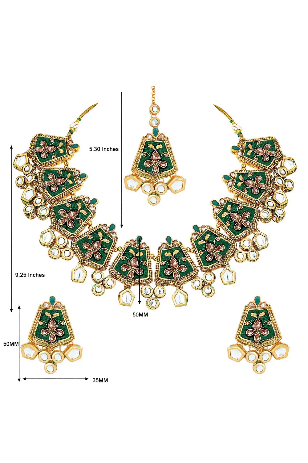 Alloy Necklace with Earrings and Maang Tikka in green