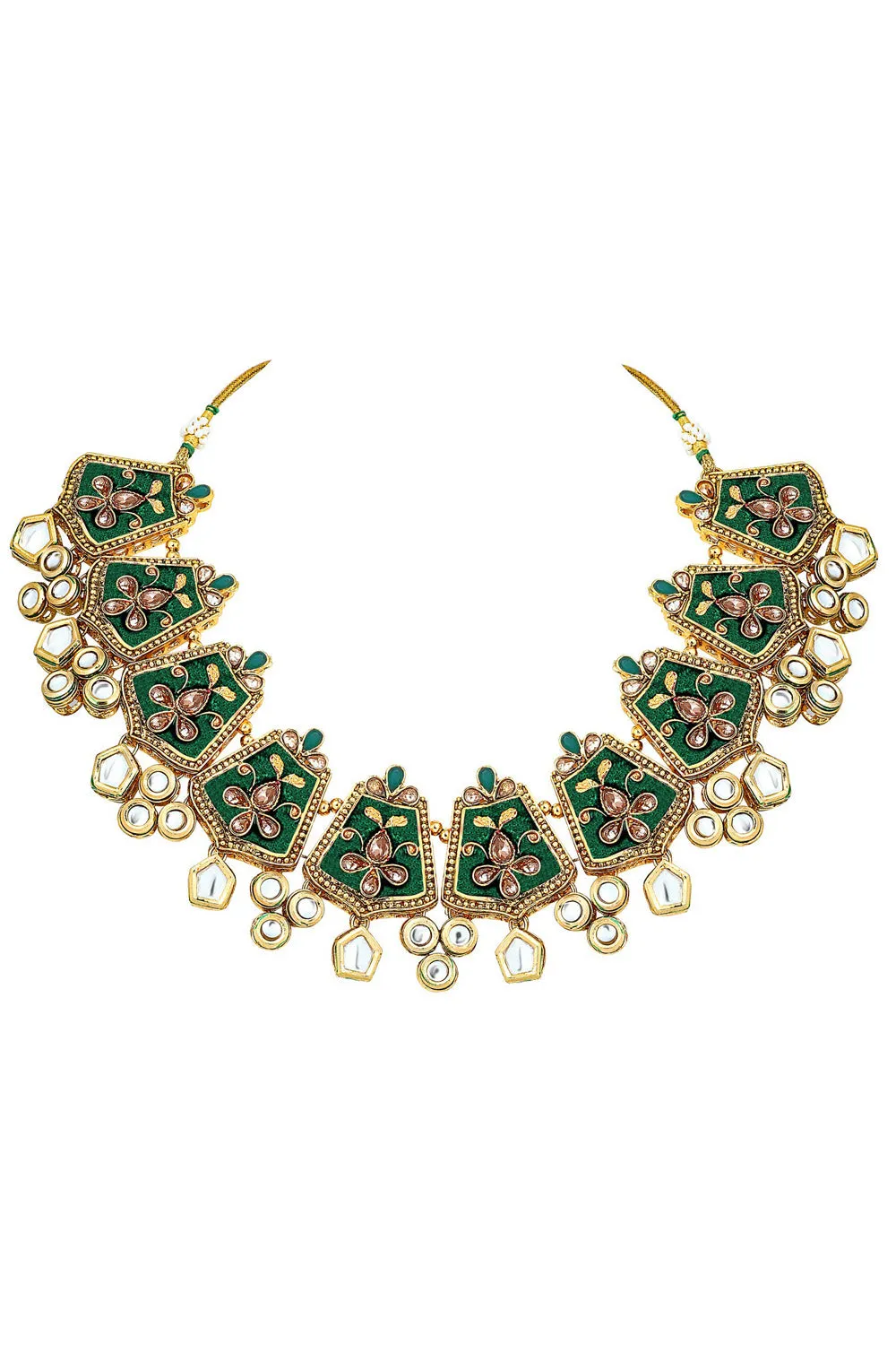 Alloy Necklace with Earrings and Maang Tikka in green