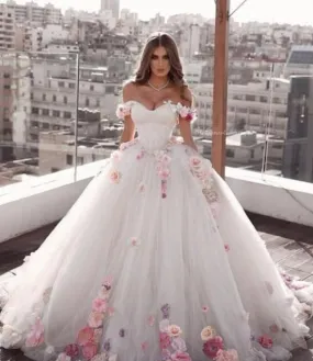 Amazing hand flowers Illusion Bodice Ball gown Bridal Gowns