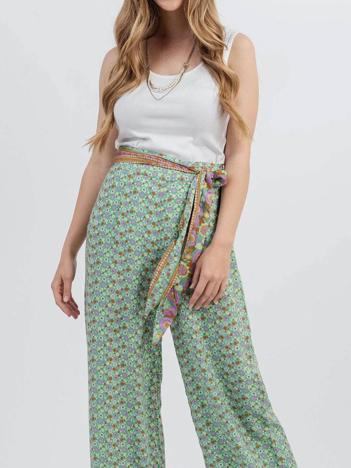 American Bling Women Floral Print Tie Waist Wide Leg Pants