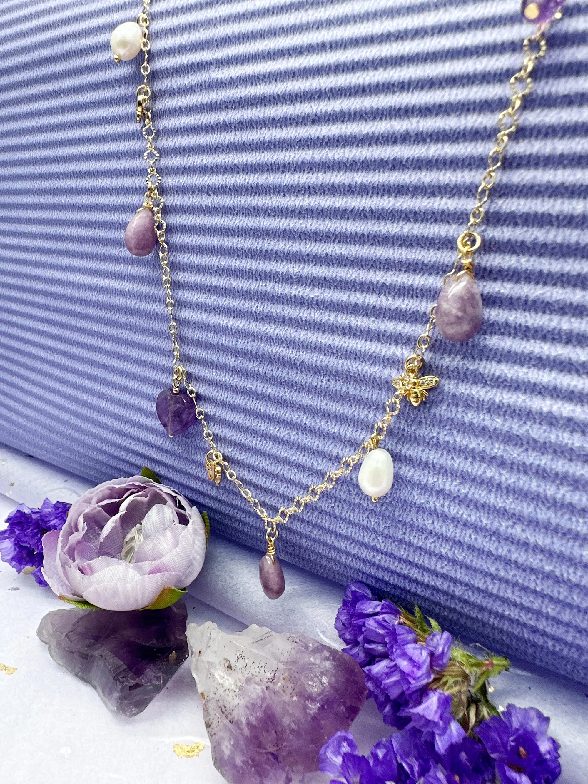 Amethyst and Freshwater Pearl Delicate Charm Necklace LN016