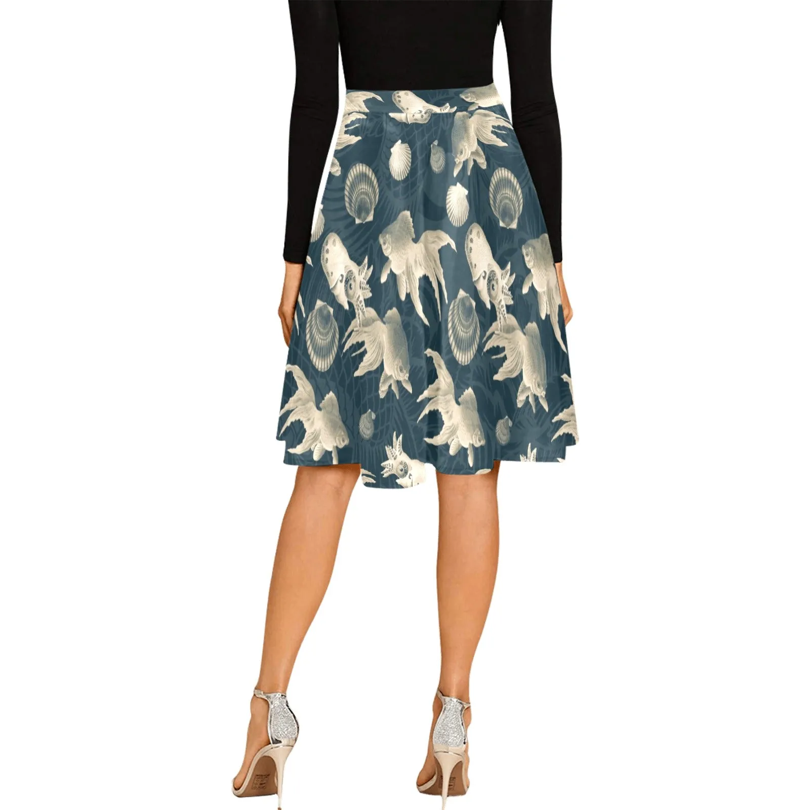 aquatic world sepia split print Melete Pleated Midi Skirt (Model D15)