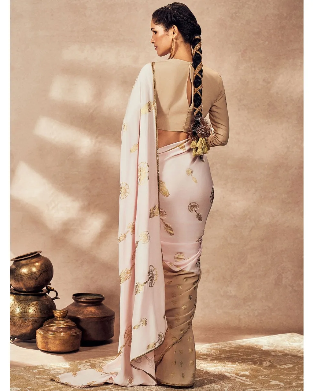 Beige And Pink Traveler's Palm Sari Set