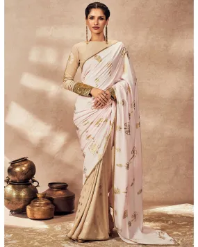 Beige And Pink Traveler's Palm Sari Set