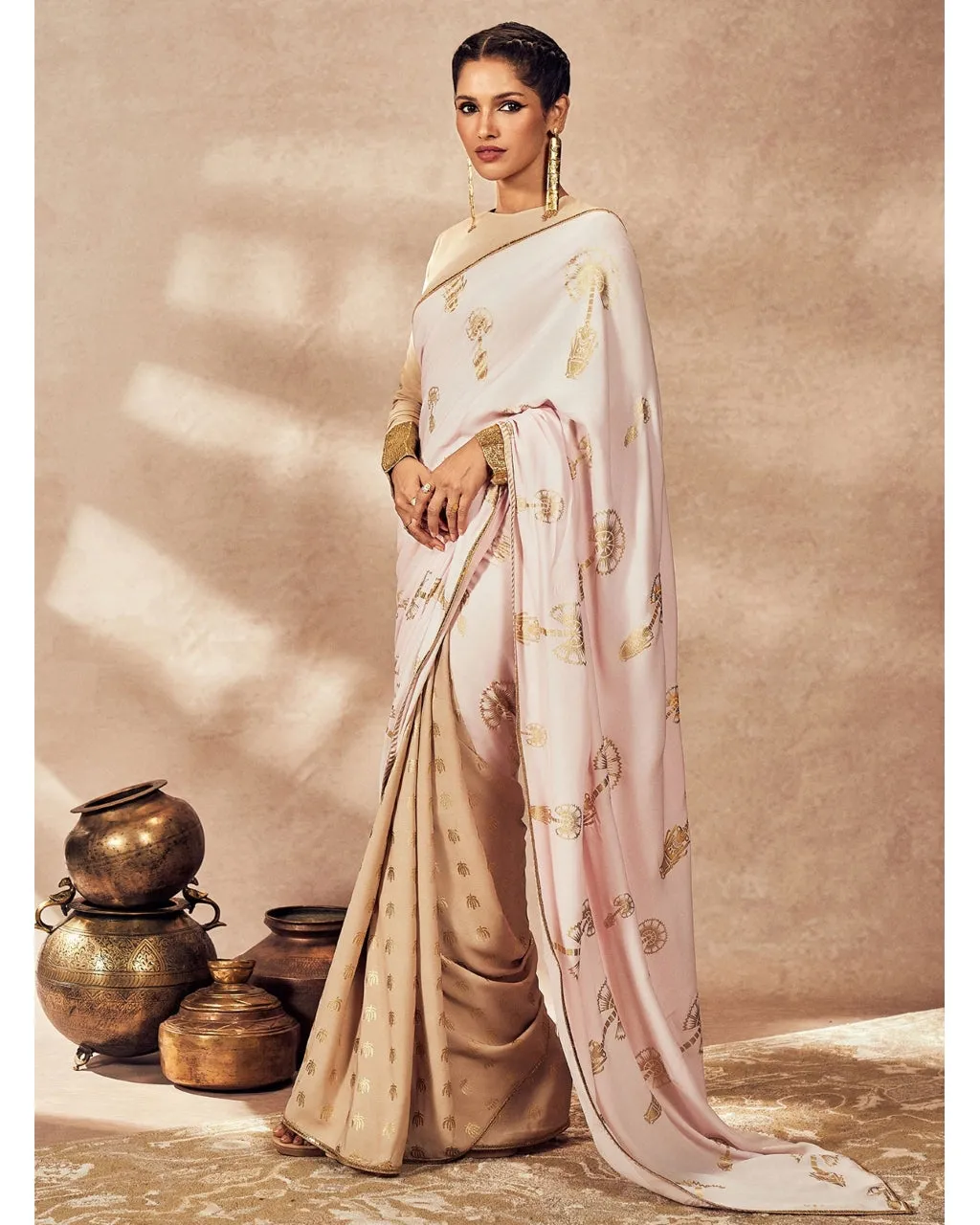 Beige And Pink Traveler's Palm Sari Set