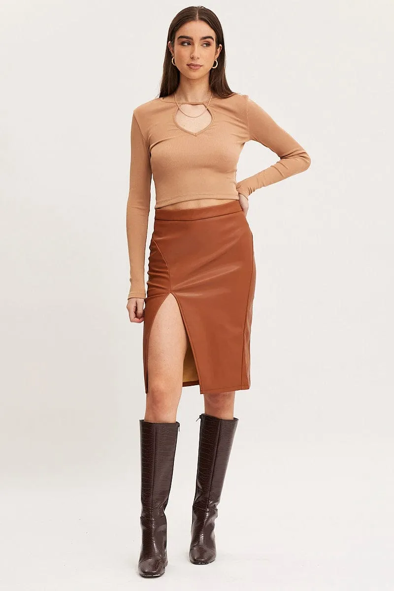 Beige High Rise Skirt Front Split Faux Leather