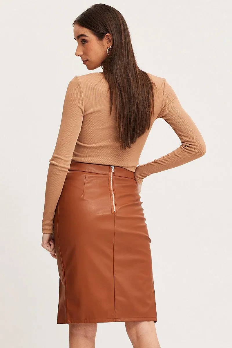 Beige High Rise Skirt Front Split Faux Leather