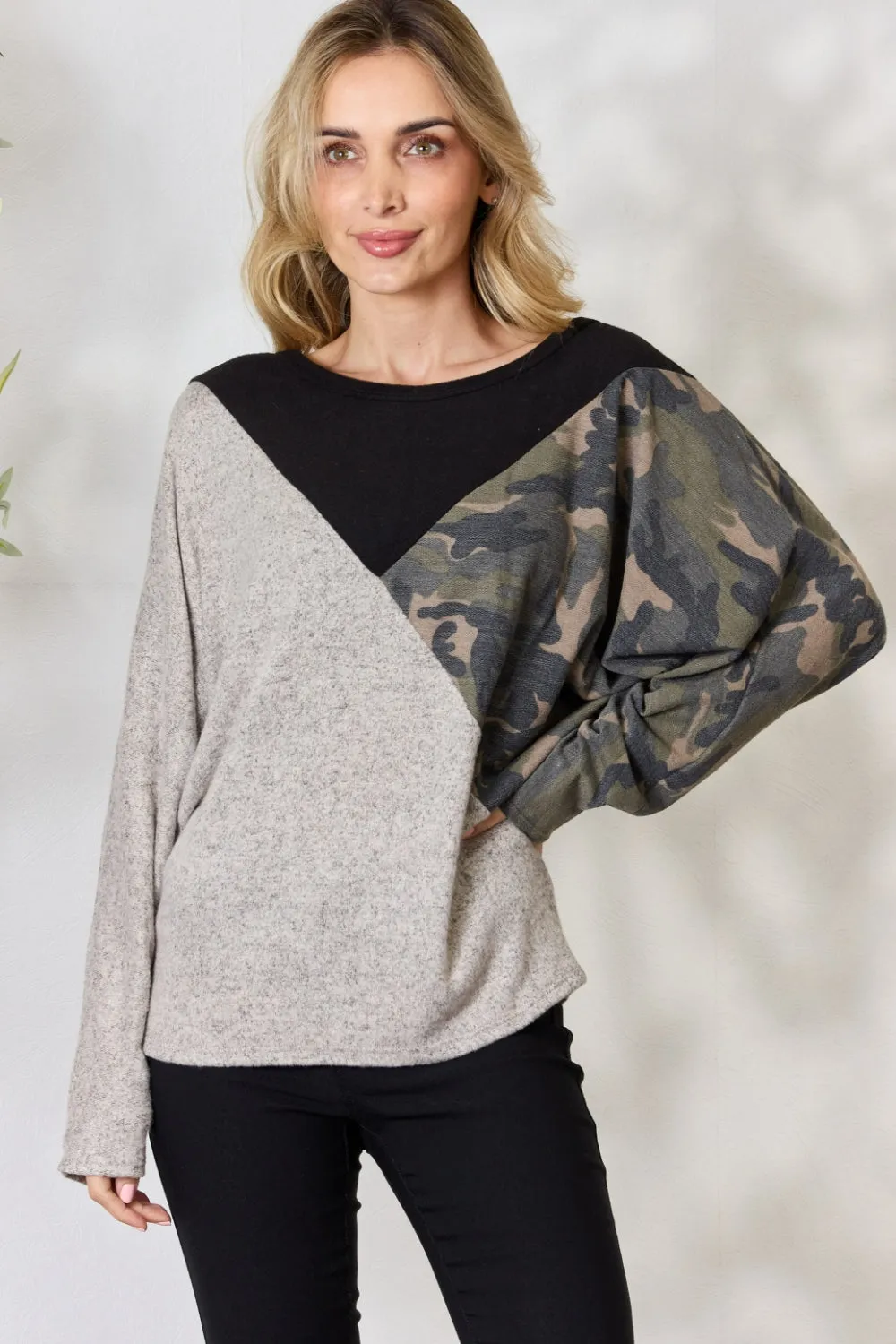 BiBi Brushed Hacci Color Block Long Sleeve Top