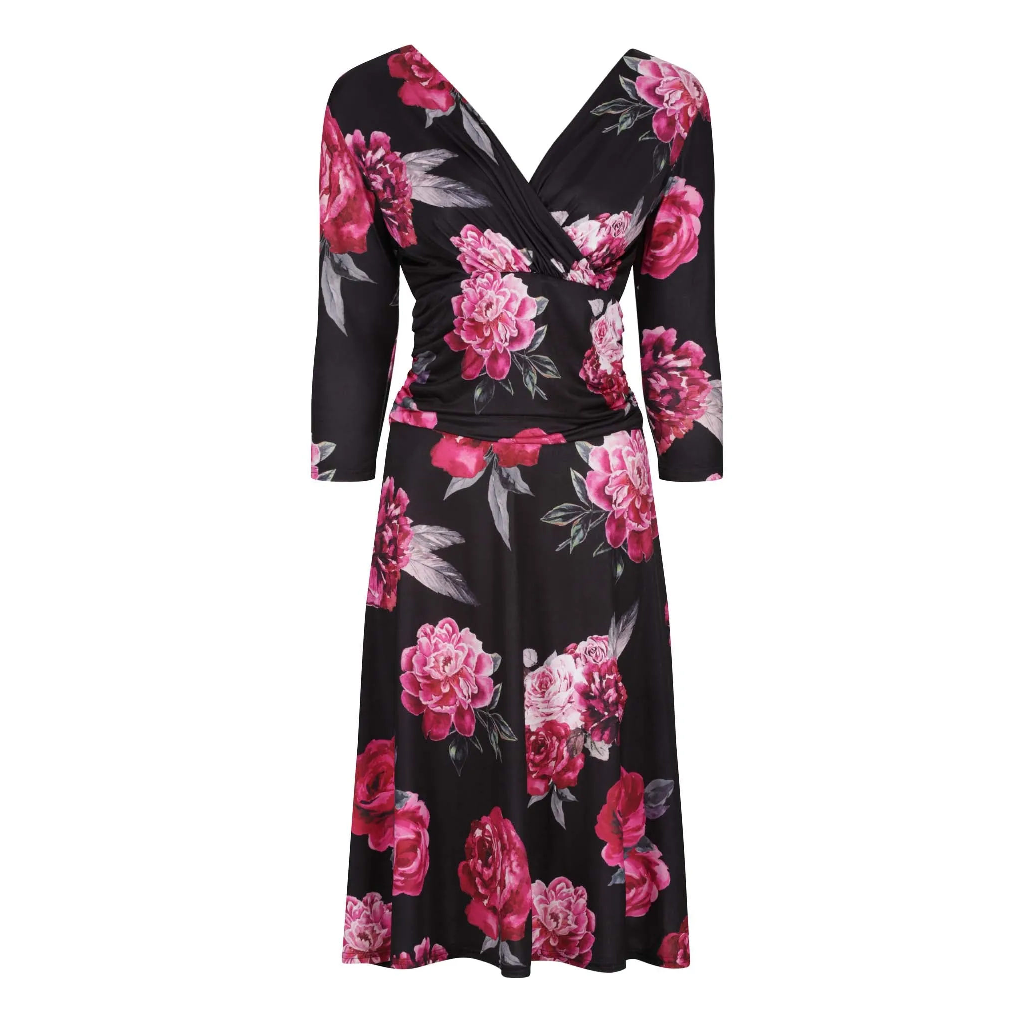 Black And Pink Floral Print Long Sleeve Wrap Effect Tea Dress