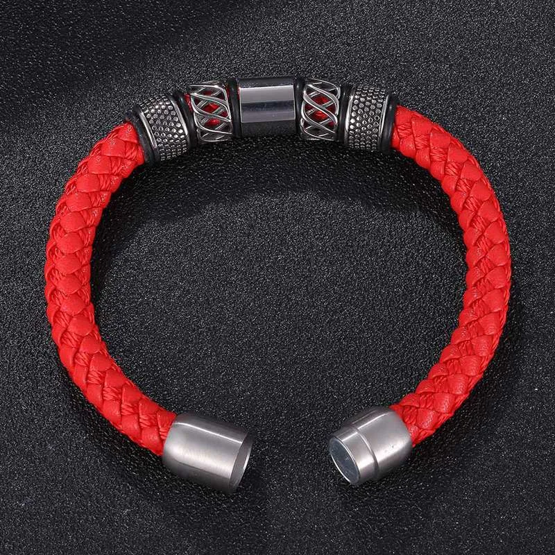 Braided Red Leather Stainless Steel Magnetic Clasp Bracelet