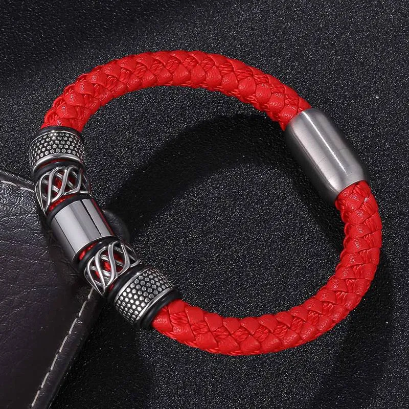 Braided Red Leather Stainless Steel Magnetic Clasp Bracelet