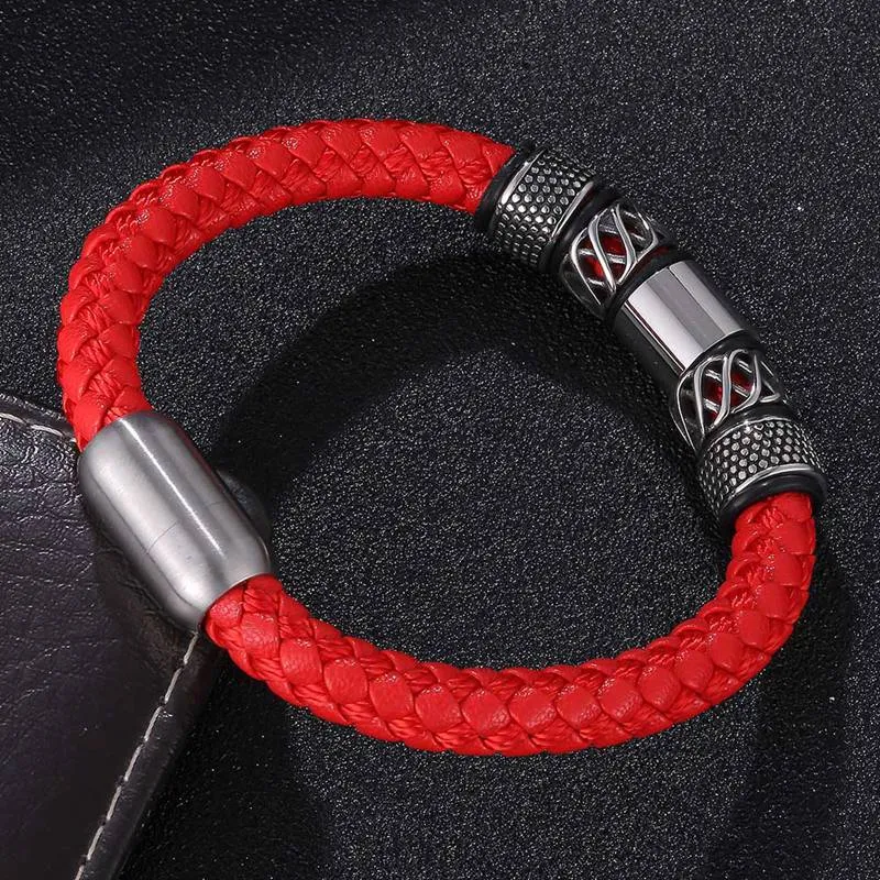 Braided Red Leather Stainless Steel Magnetic Clasp Bracelet