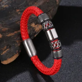 Braided Red Leather Stainless Steel Magnetic Clasp Bracelet