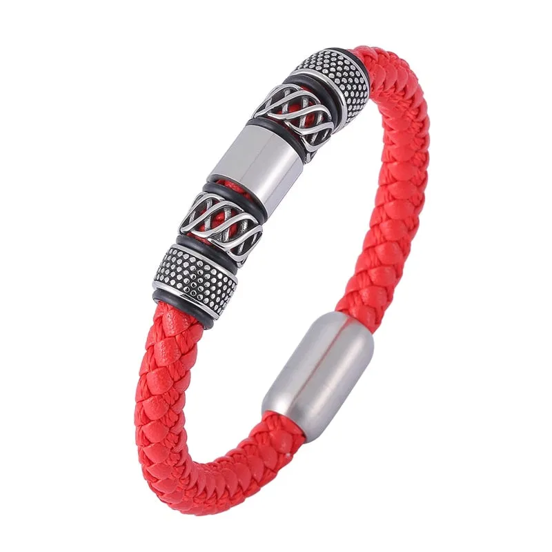 Braided Red Leather Stainless Steel Magnetic Clasp Bracelet