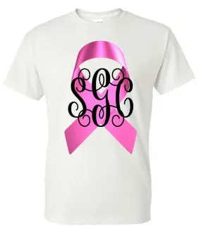 BREAST CANCER RIBBON MONOGRAM TEE - White Short Sleeves