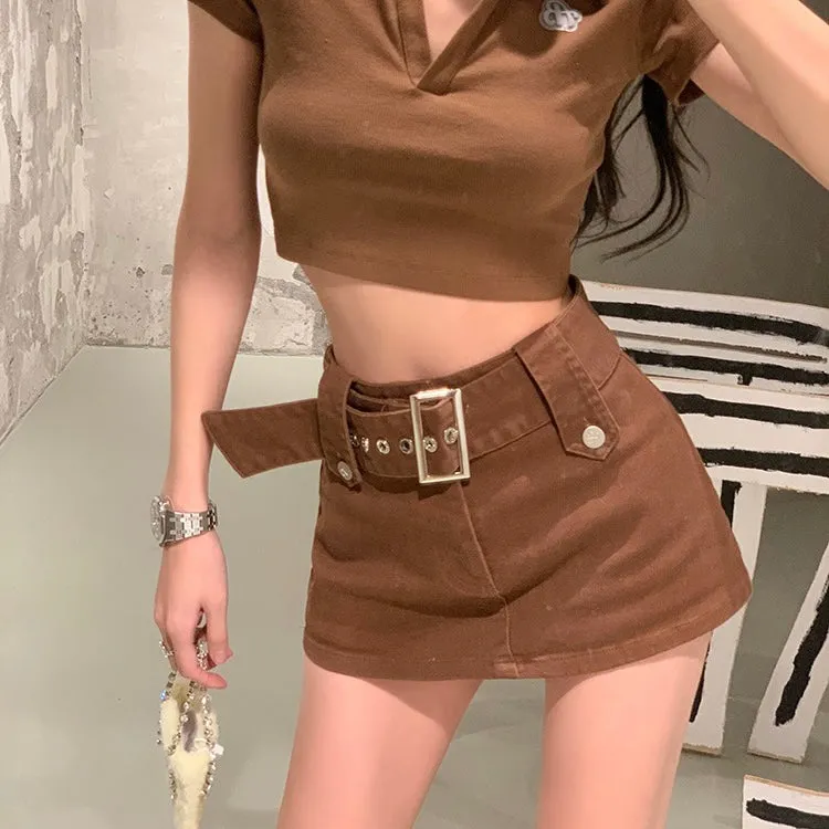 Brown Buckle Belt Skirt