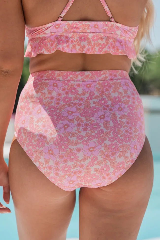 Carefree Days Ahead Pink Floral Printed High Waisted Bikini Bottoms