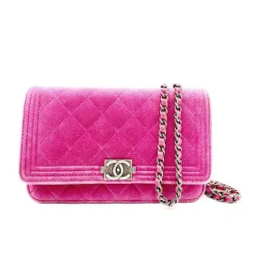 Chanel Boy Wallet on Chain Quilted Woc Pink Velvet Cross Body Bag