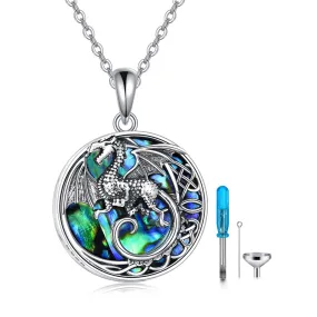 Dragon Urn Necklace for Ashes Sterling Silver Dragon Cremation Jewelry for Ashes Abalone Shell Dragon Memory Jewelry for Women Men