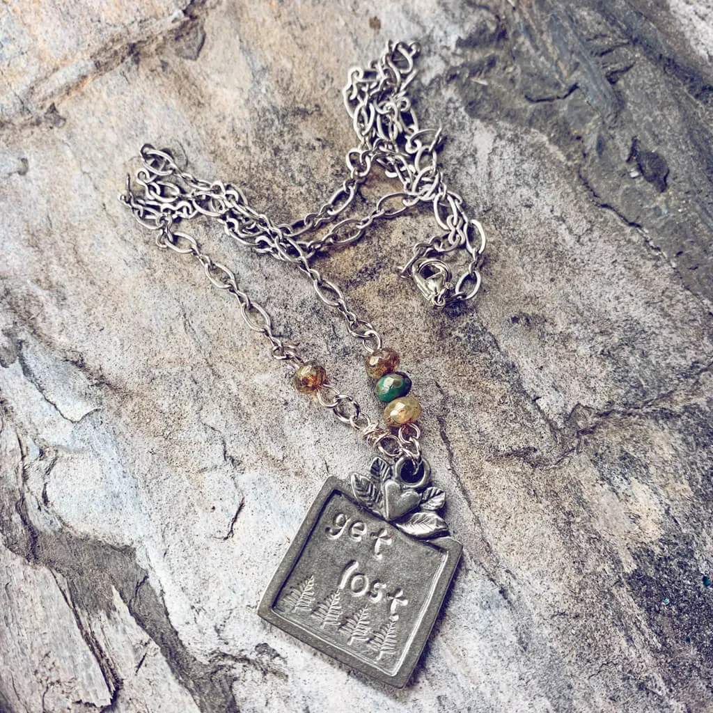 get lost or wild air // pewter handstamped nature pendant necklace