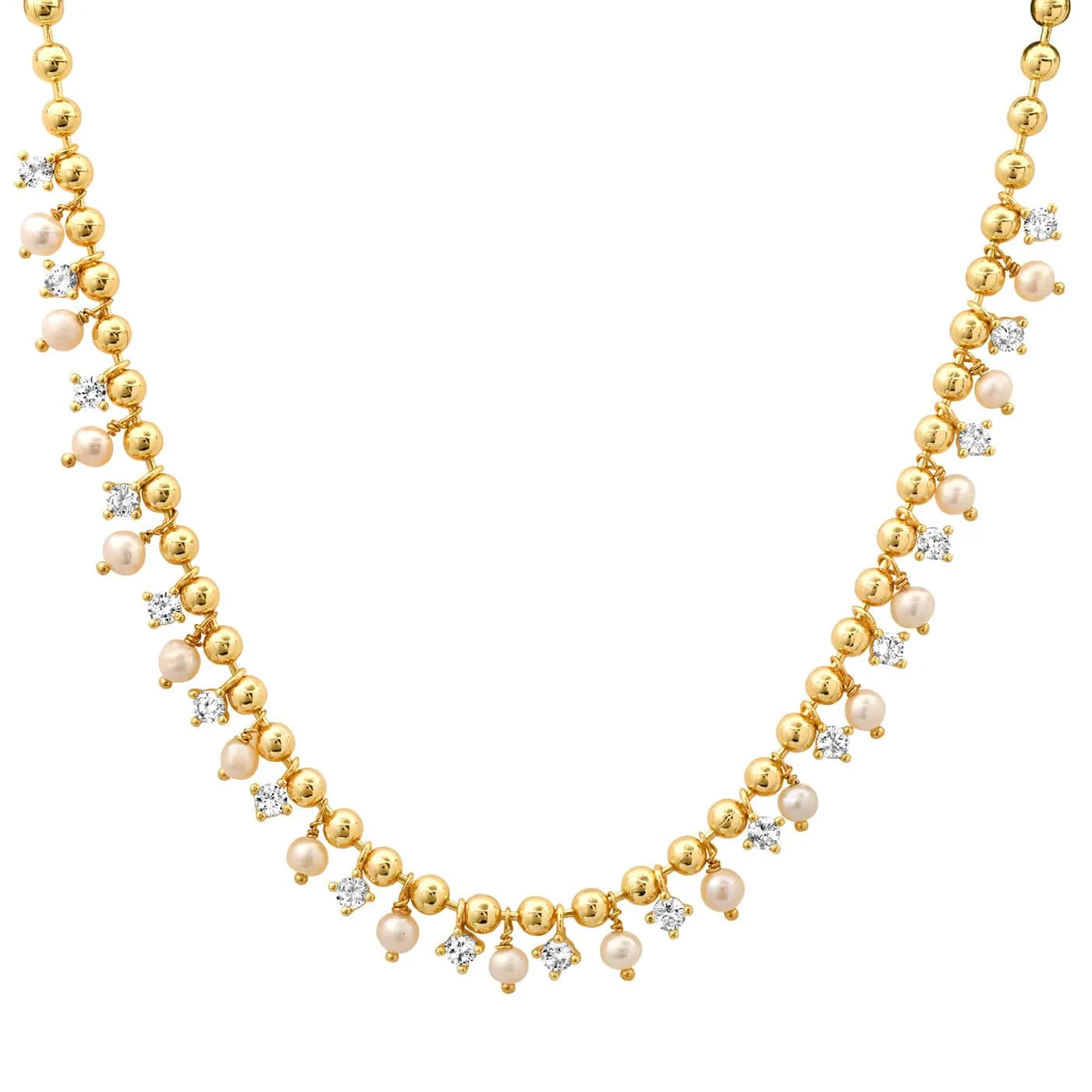 Gold Ball Necklace with Alternating CZ and Pearl Stones