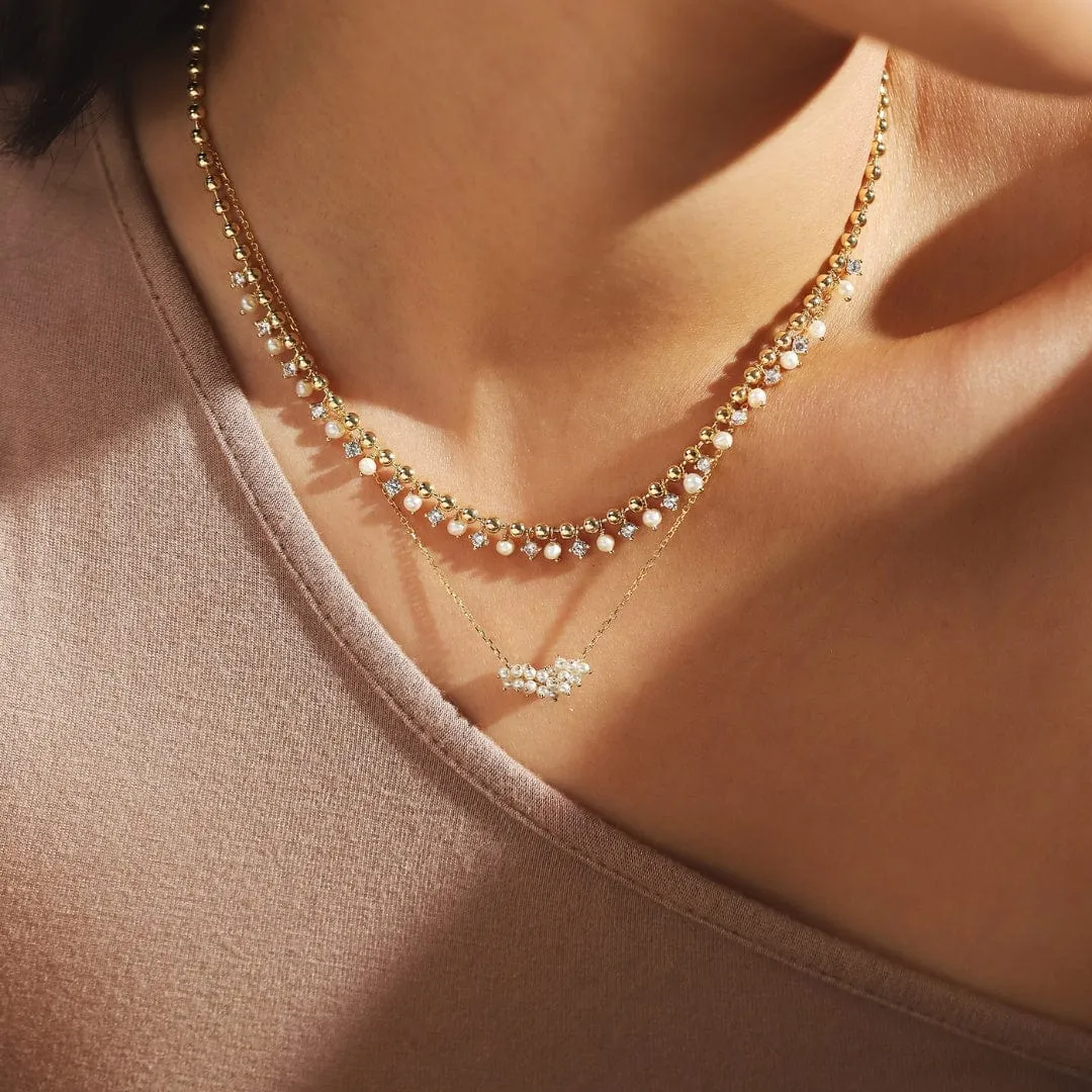 Gold Ball Necklace with Alternating CZ and Pearl Stones