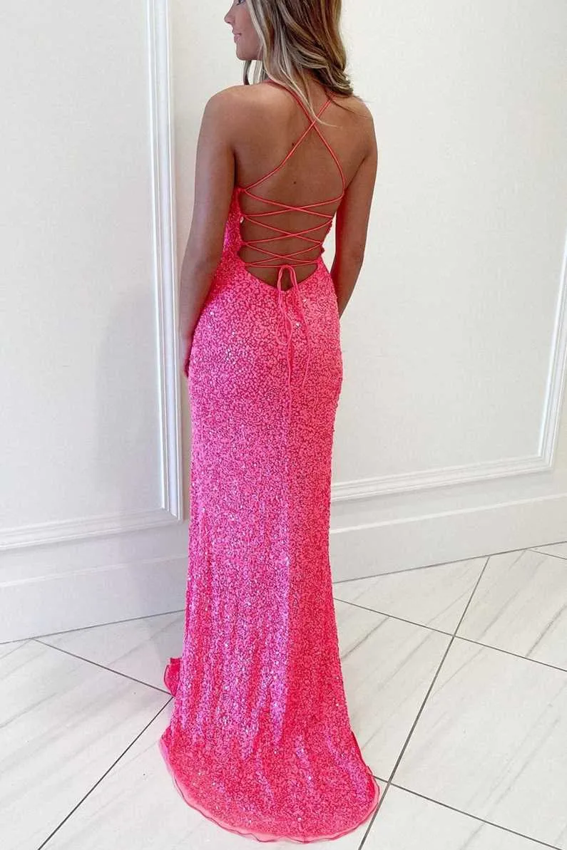 Hot Pink Sequins Mermaid Long Prom Dress SH415