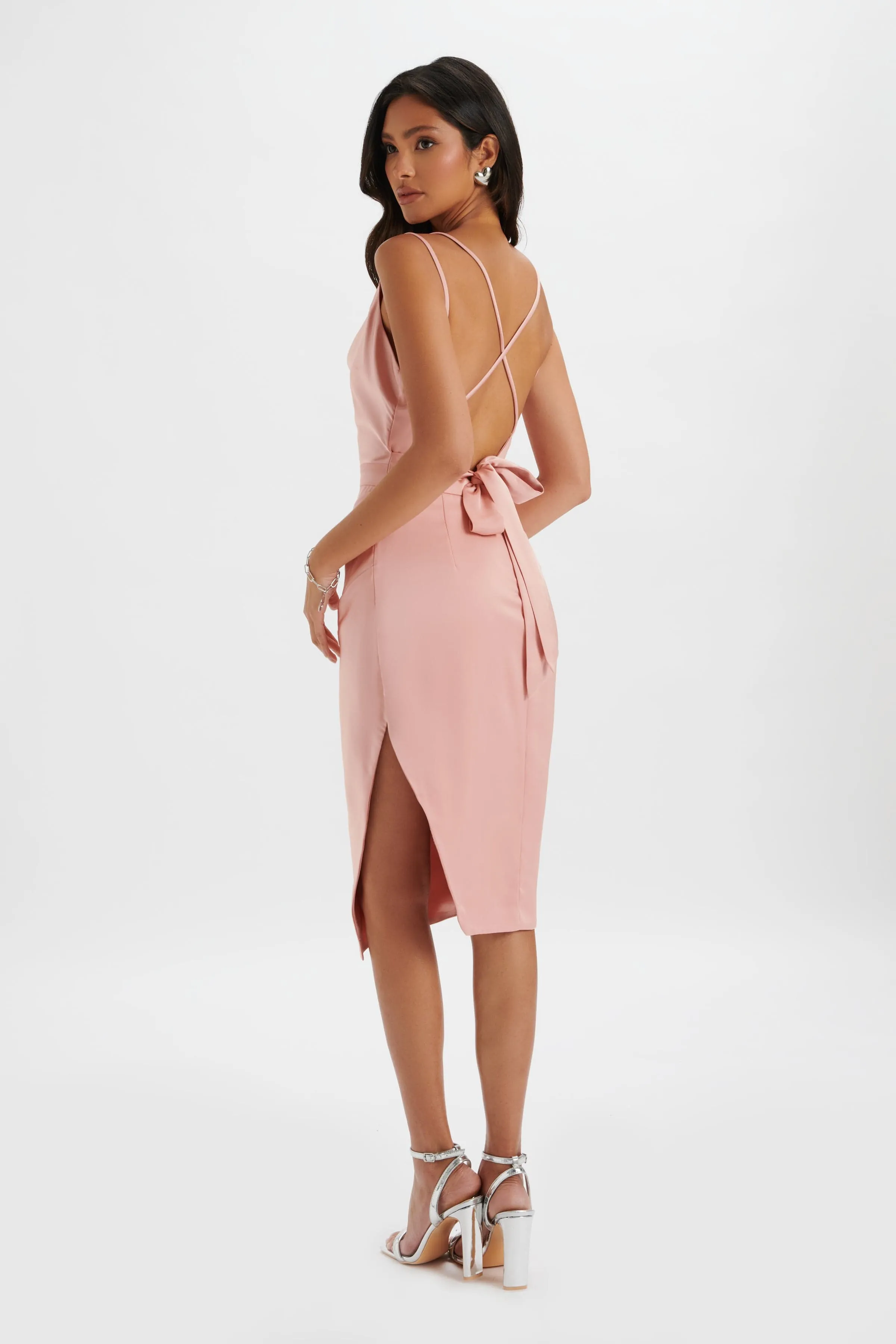 KATRINA Strappy Cowl Neck Satin Midi Dress In Pink