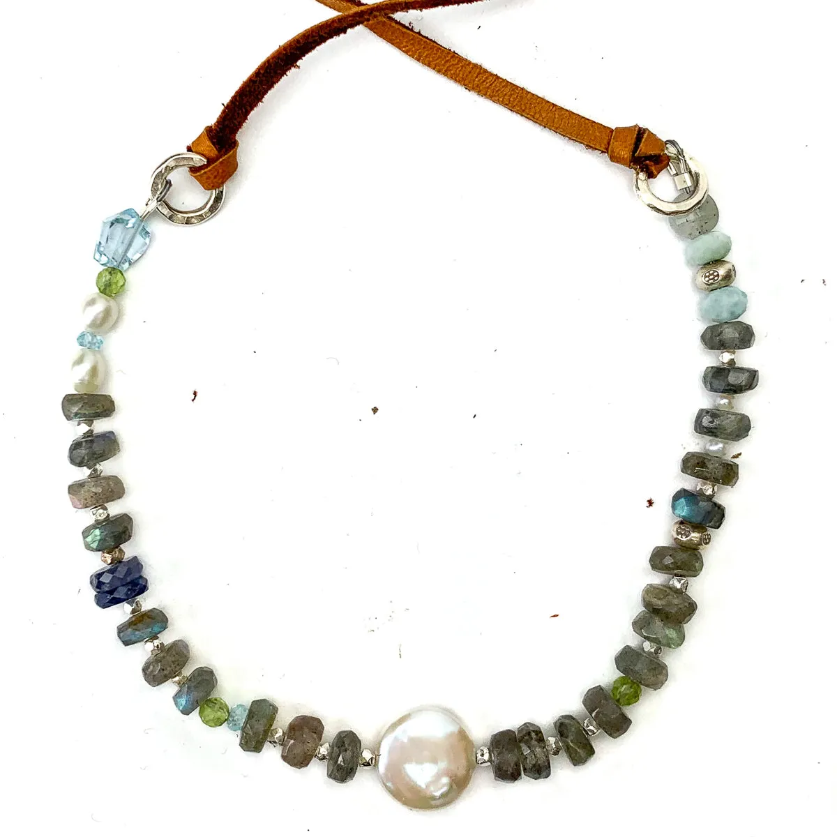 Labradorite, Aquamarine, Peridot, Iolite and Freshwater Pearl Leather Necklace #1