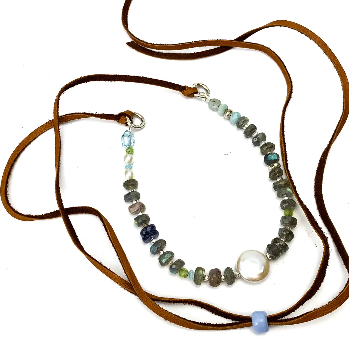 Labradorite, Aquamarine, Peridot, Iolite and Freshwater Pearl Leather Necklace #1