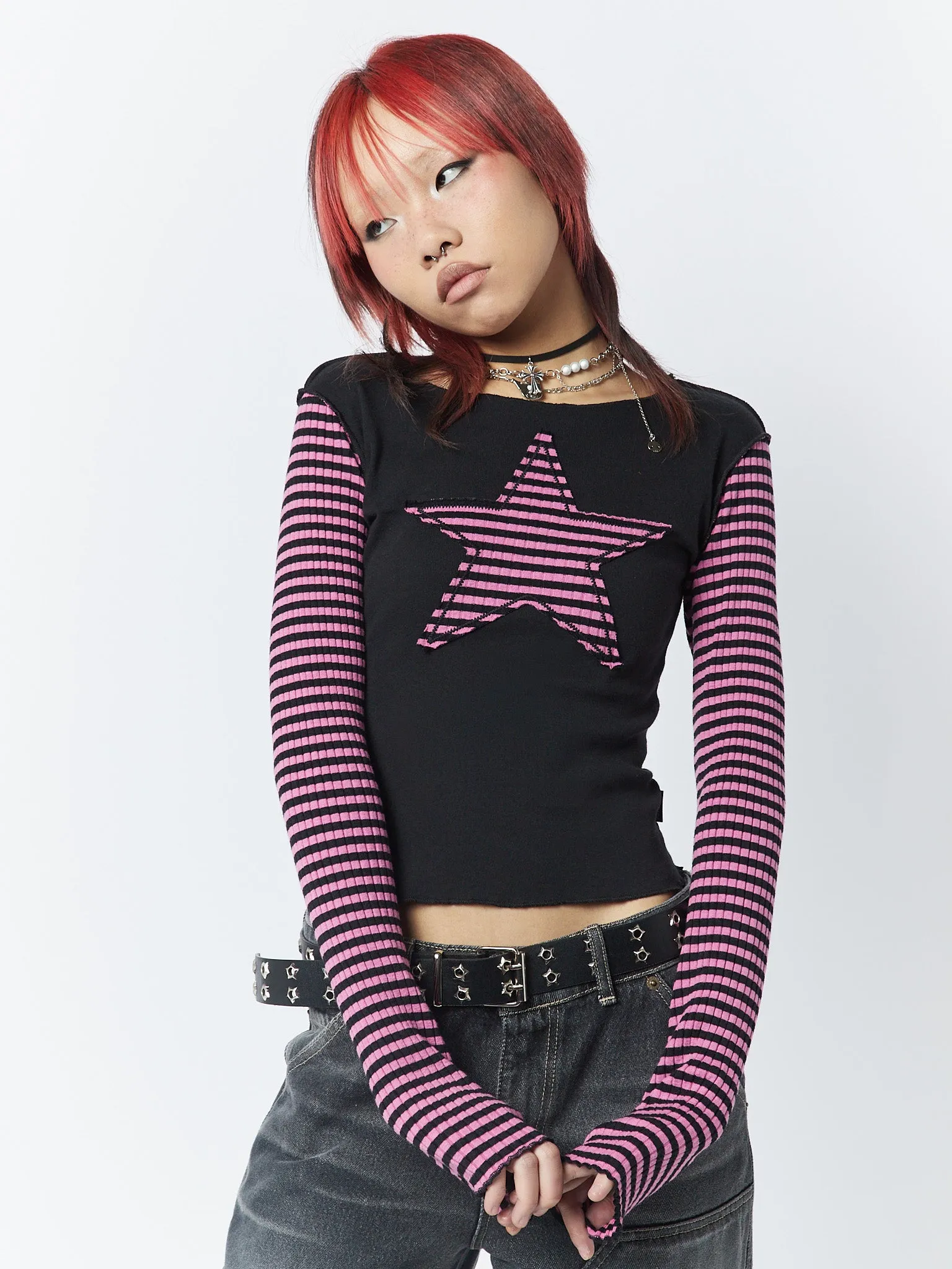 Lost Star Pink Black Striped Long Sleeve Top