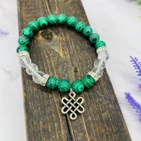 Malachite Bracelet with Infinity Symbol, Clear Quartz 8MM Bracelet, Stone of Transformation, Eternal Knot Charms, Stackable Bracelets