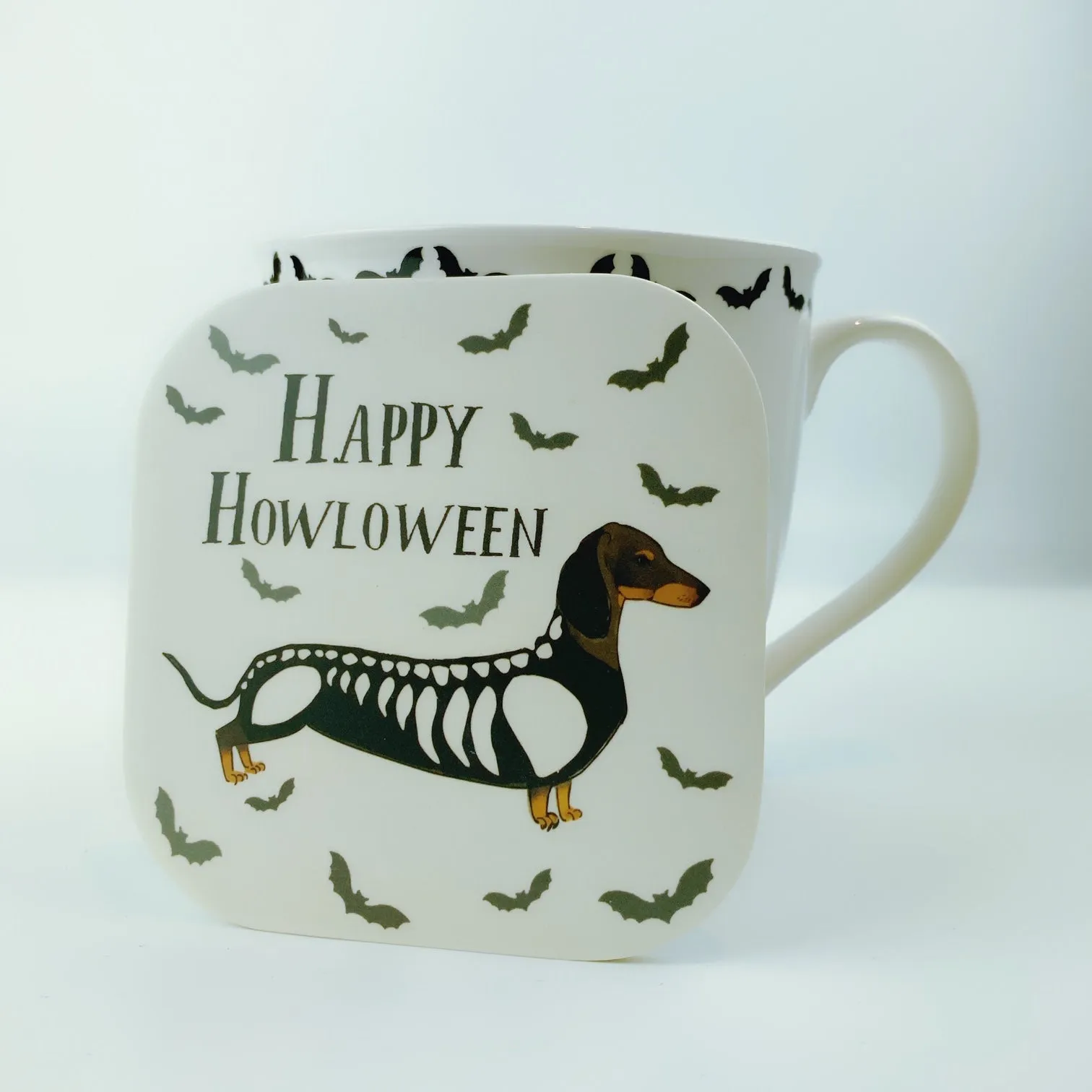 Milly Green British Design Happy Halloween Dachshund Dog Coffee Mug Tea Cup and Coaster Set