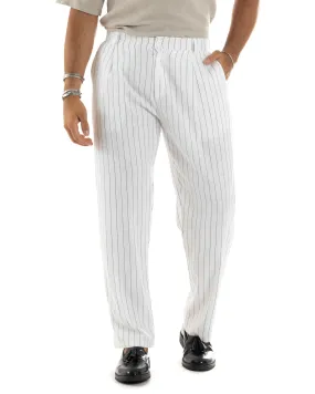 Pantaloni Uomo Lino Fondo Largo Casual Tasca America Pinces Baggy Rigato Gessato Bianco GIOSAL-P6107A