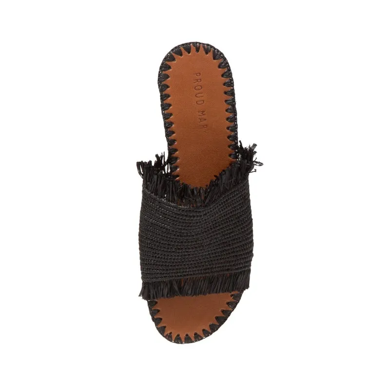 Raffia Fringe Slide (Black)