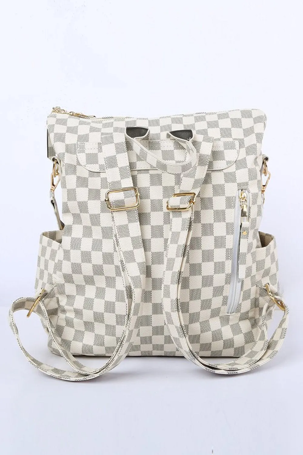 Retro Faux Leather Check Pattern Print Rucksack Vegan Backpack Tote