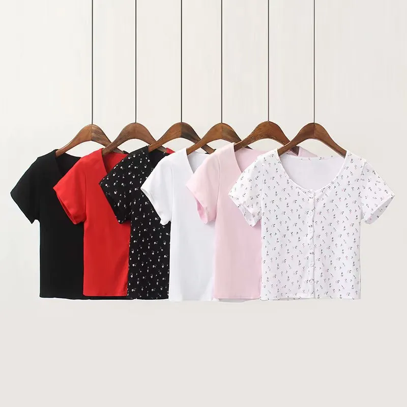 Ribbed Floral Short Sleeve Button Up Crop Top Tee Shirt