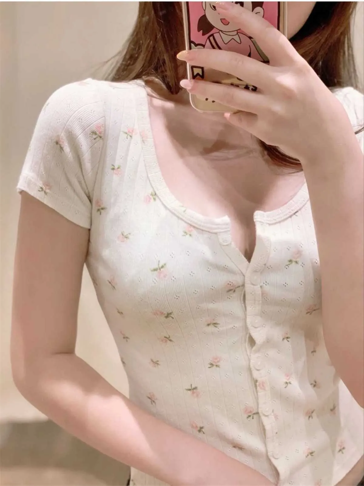 Ribbed Floral Short Sleeve Button Up Crop Top Tee Shirt