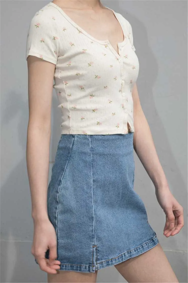 Ribbed Floral Short Sleeve Button Up Crop Top Tee Shirt