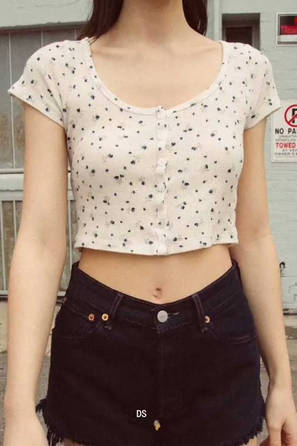 Ribbed Floral Short Sleeve Button Up Crop Top Tee Shirt