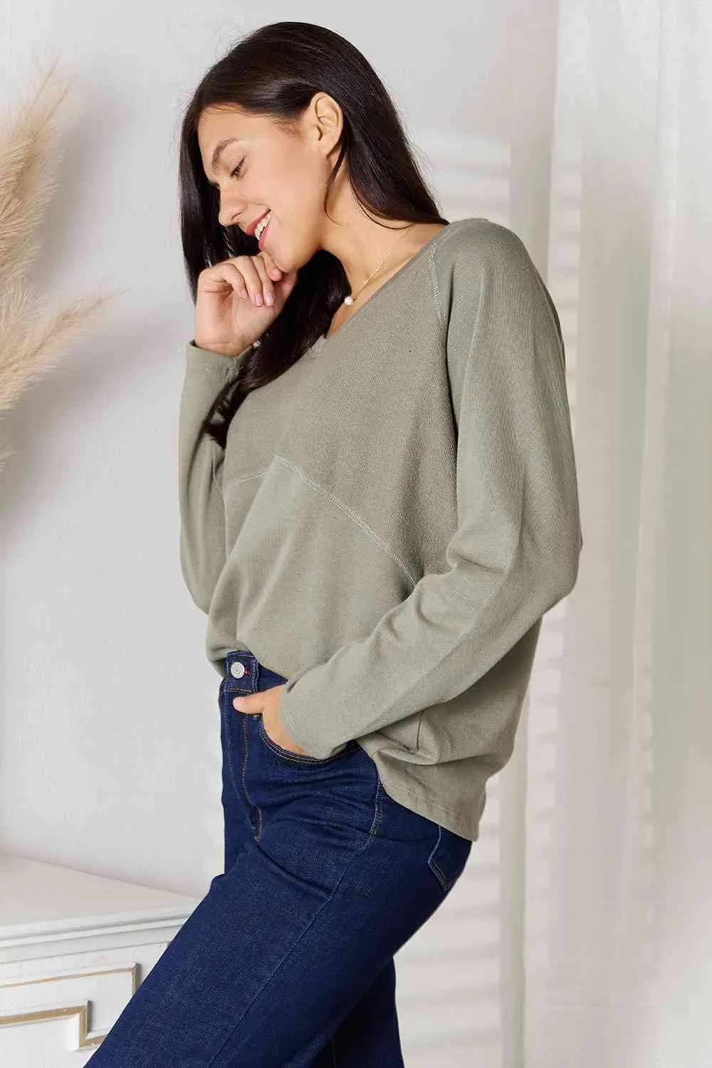 Sage V-Neck Long Sleeve T-Shirt