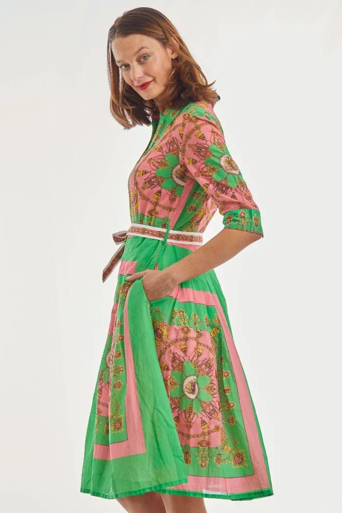 The Audrey Pink Green Gold Print Dress